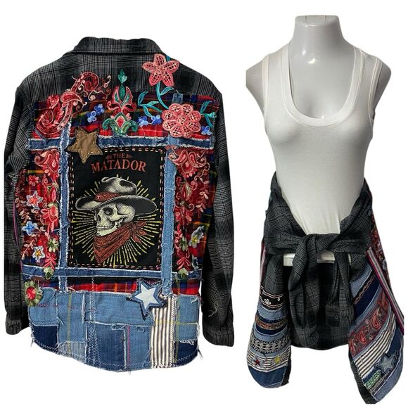 Upcycled Flannel Shirt Shacket Womens Large Skull Cowboy Jacket Grunge Patchwork - Picture 2 of 15